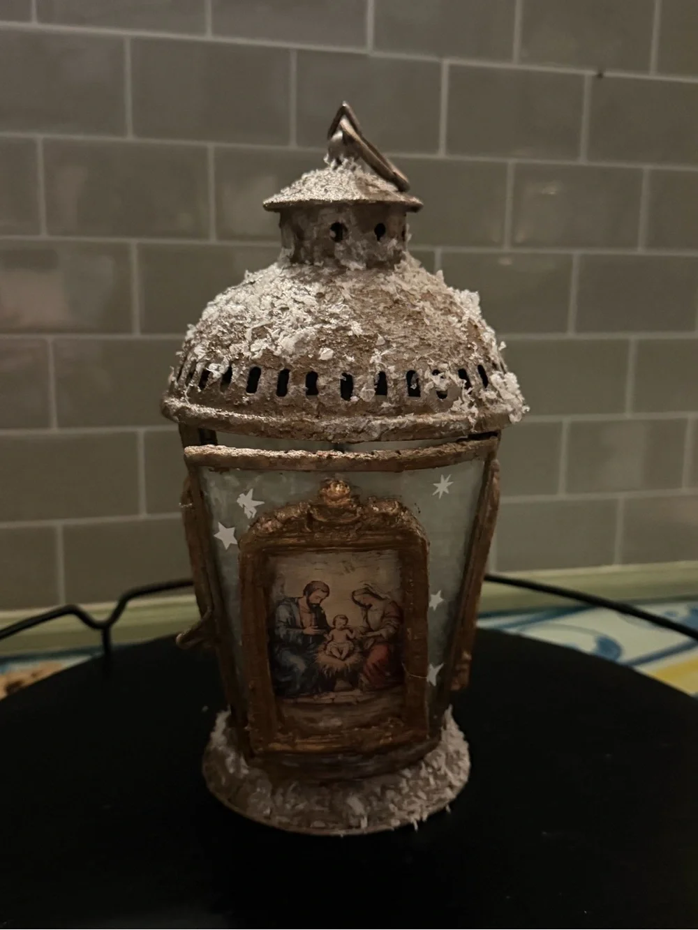 Vintage-Style Nativity Lantern in Light Blue and Gold Finish
